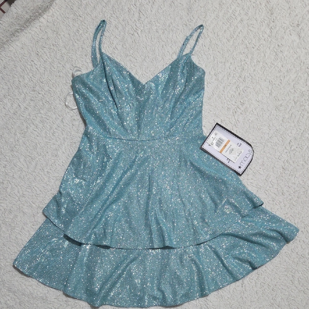 B Darlin Sparkling Aqua Blue V-Neck Prom Dress